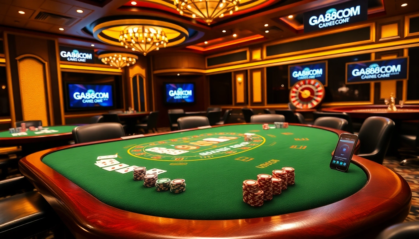 Experience thrilling gaming action at GA888.COM with a luxurious poker table scene, showcasing excitement and strategy.