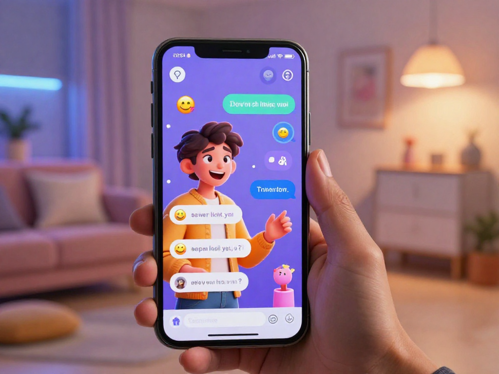 AI chat porn interaction with vibrant avatars on a smartphone, showcasing a cozy digital atmosphere.