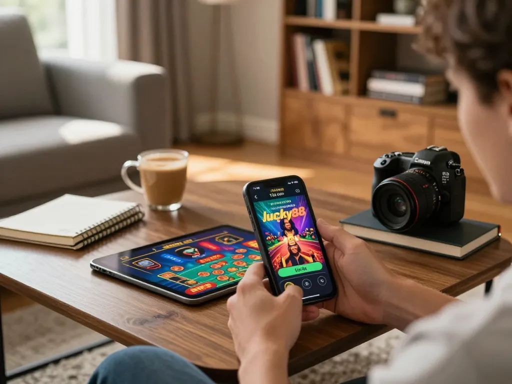 Engaging scene of a person using smartphone to Tải app Lucky88 for online gaming in a cozy living room setup.