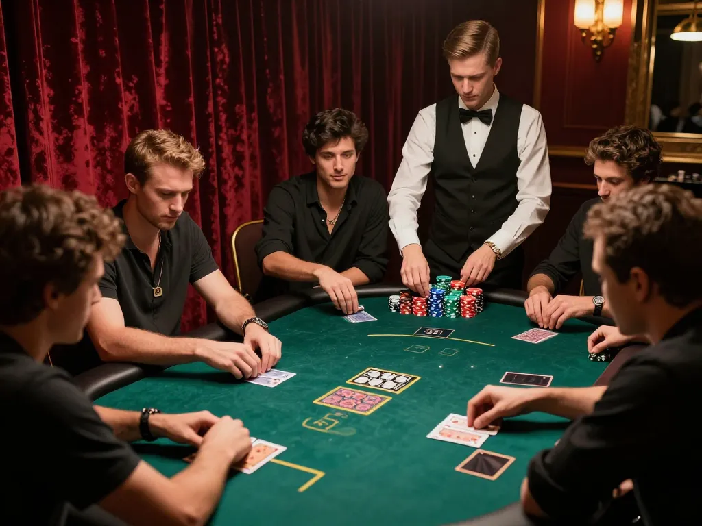 Players strategizing around a poker table at a classy casino, showcasing excitement in nhacaiuytinn gambling scenarios.