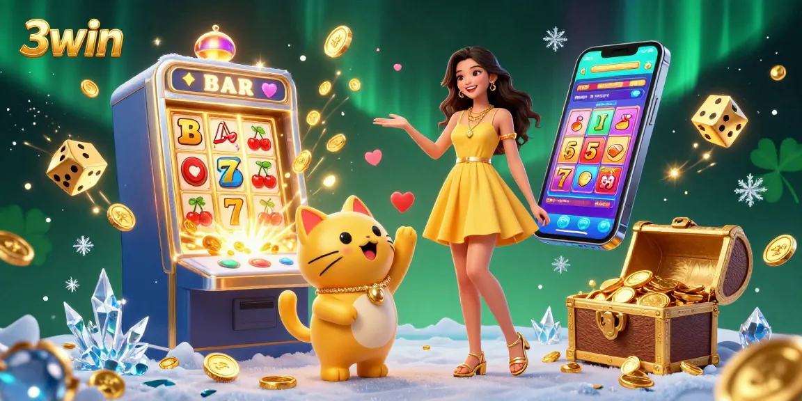 Experience the excitement of 3win with vibrant slot machines and a cheerful mascot in a dynamic casino scene.