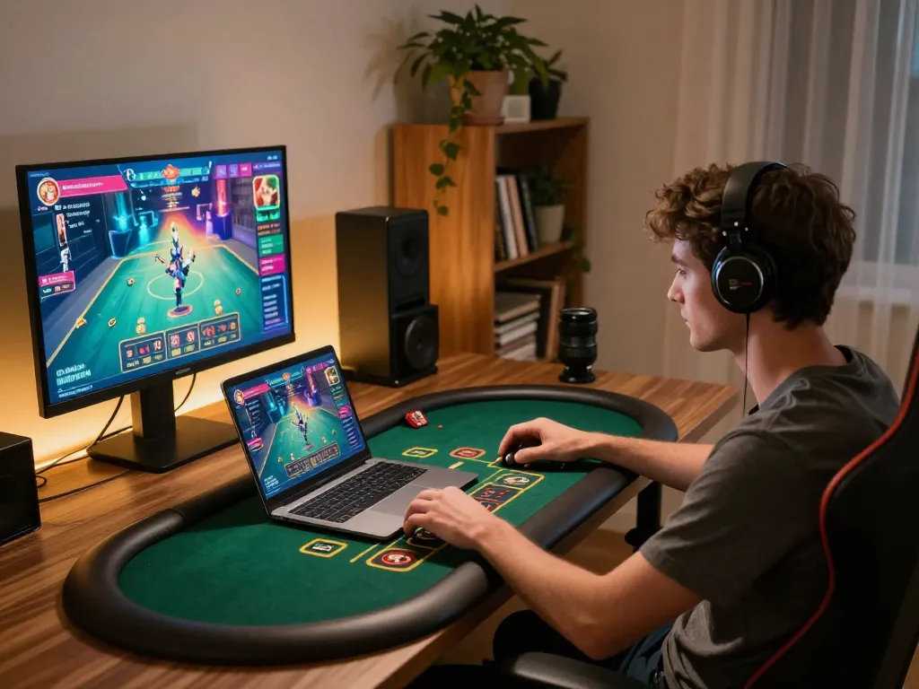 Player engaging with gamebainohu online gaming platform through a stylish home setup