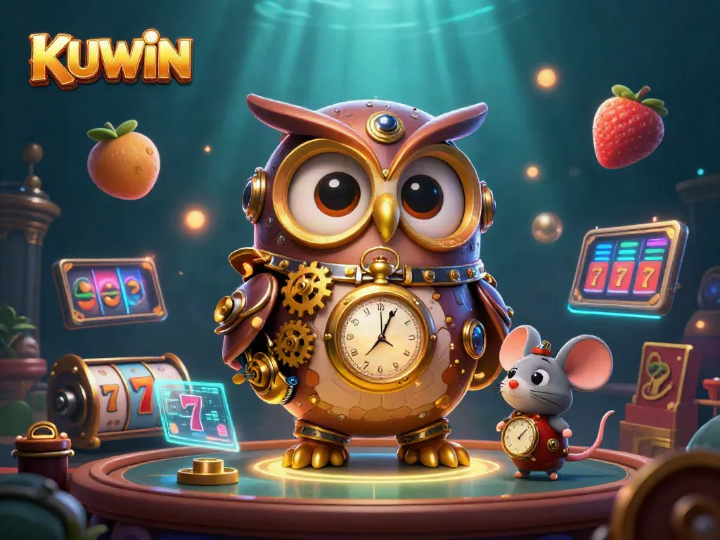 KUWIN showcases an animated scene of a steampunk owl and mouse amidst slot machine excitement.