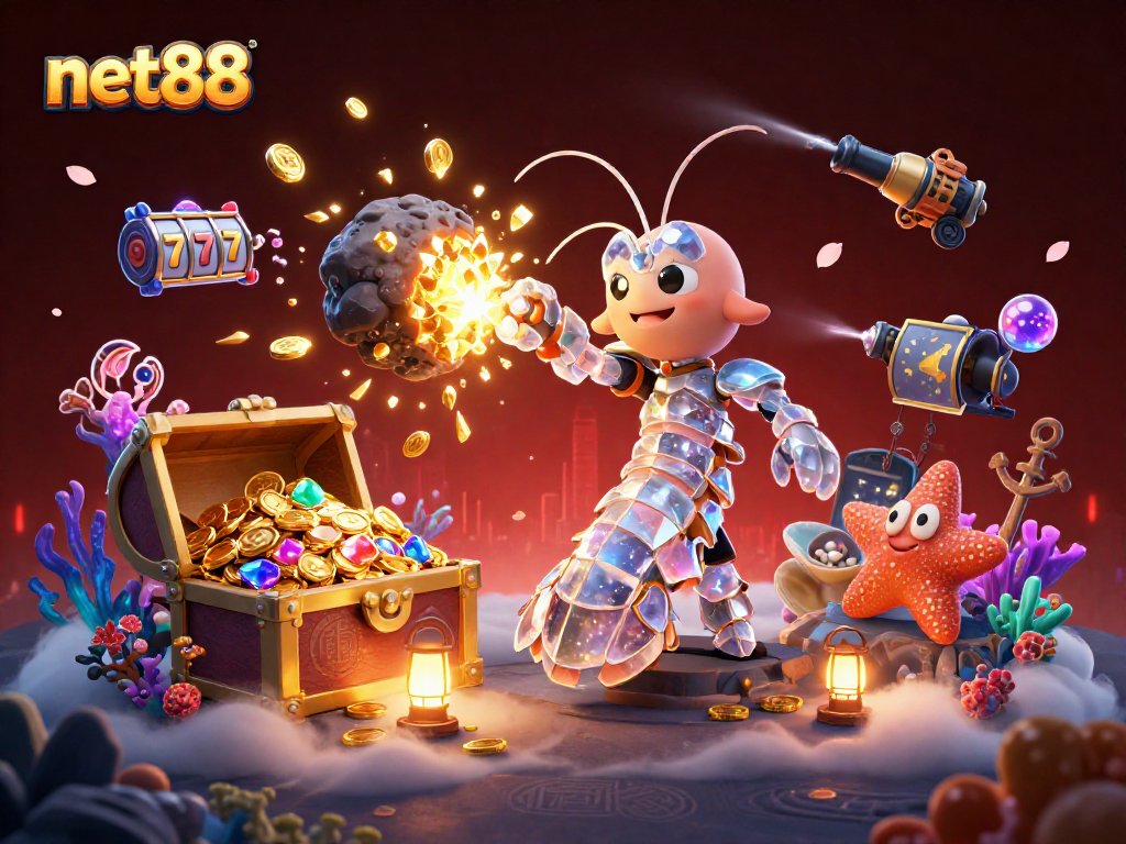 Experience casino excitement with net88 in this vibrant underwater illustration filled with treasures and game elements.