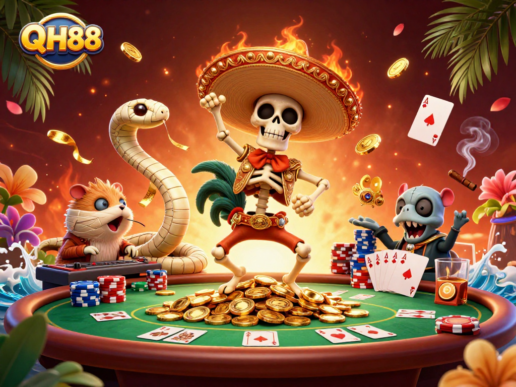 Experience excitement with QH88 as a cartoon skeleton mariachi celebrates on golden coins!