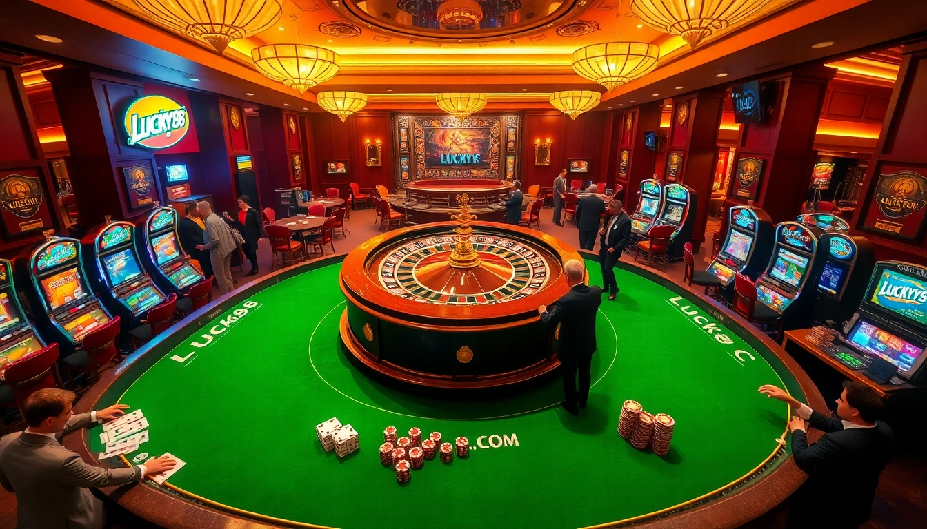 Players enjoying various games at LUCKY88.COM illustrated in a luxurious casino setting.