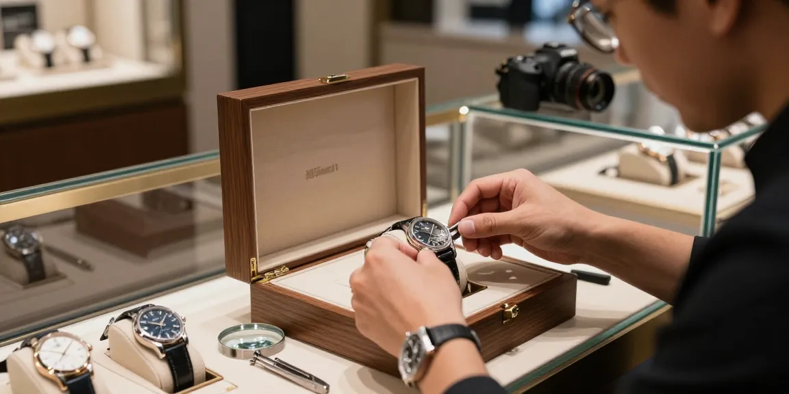 Replica watch showcasing intricate craftsmanship in an upscale store, highlighting luxury appeal.