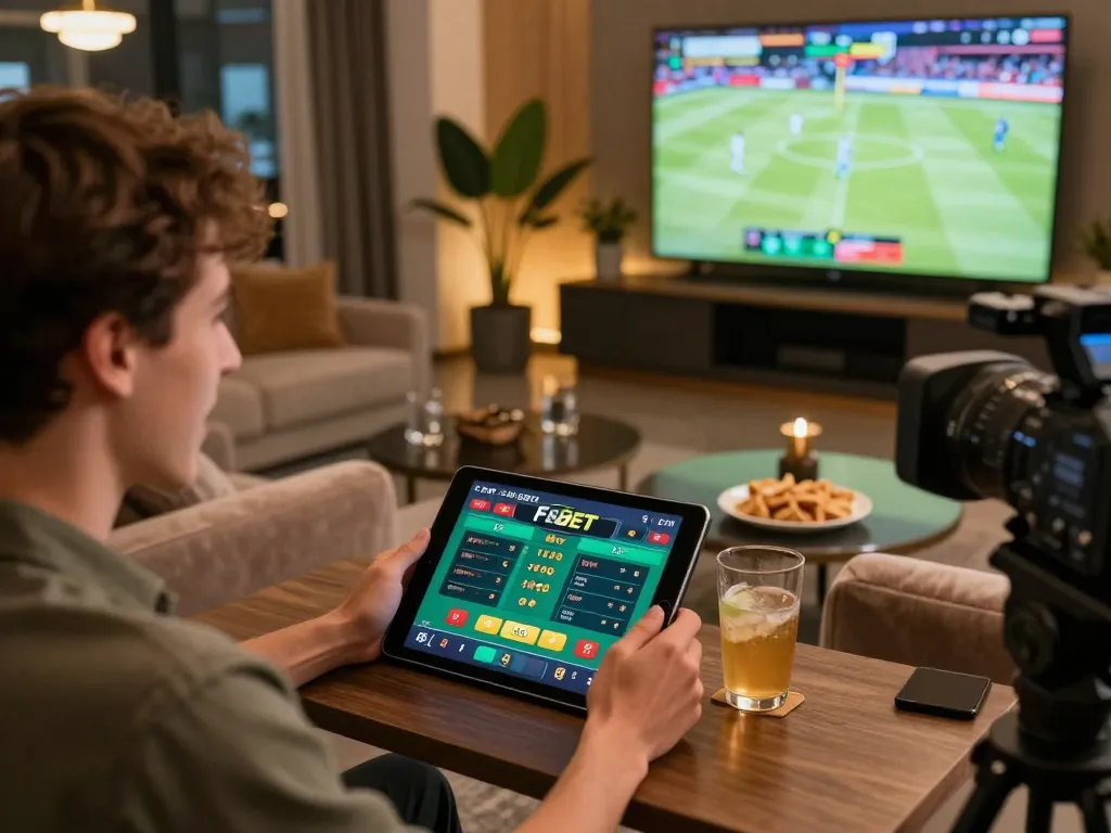 F8BET user actively engaging in sports betting on a tablet in a modern lounge.