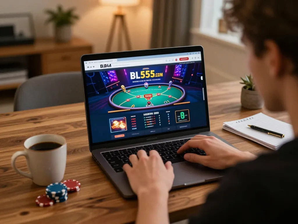 Player engaging with BL555.COM online casino, analyzing poker strategies in a cozy home setting