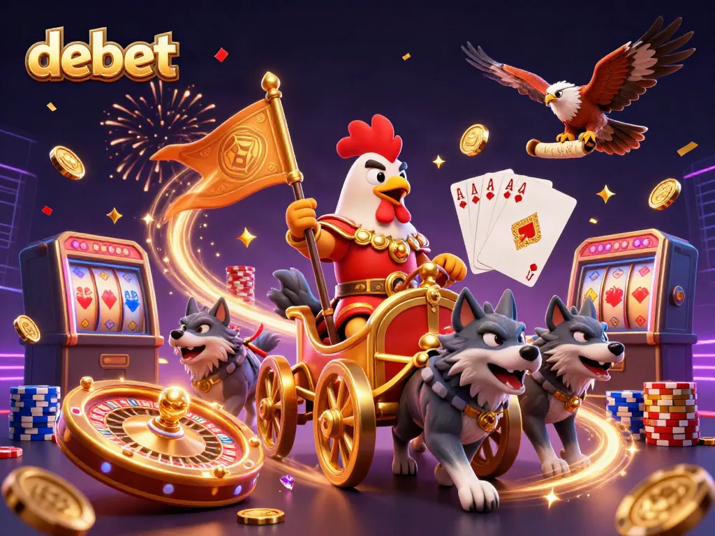 Win big with debet as a 3D rooster warlord commands the gaming scene with vibrant casino elements.