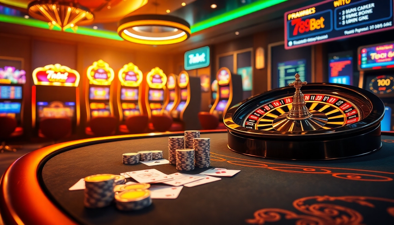 Engage in thrilling gaming at 789bet's elegant casino with vibrant poker tables and exciting slot machines.