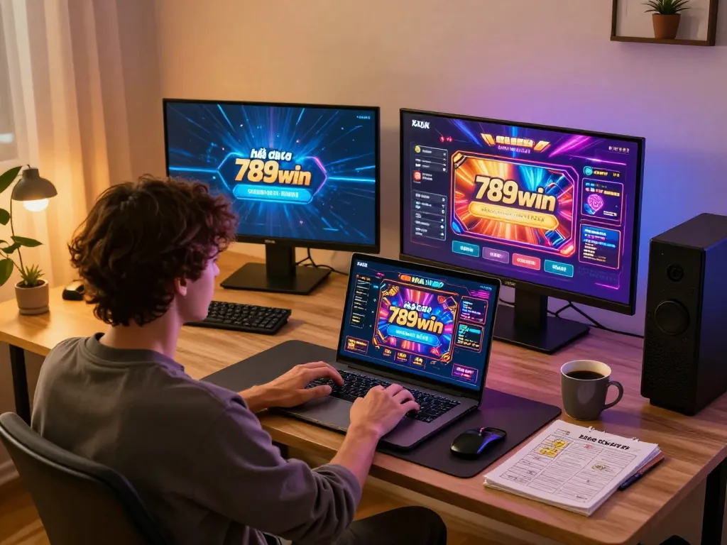 Engaging in strategic gameplay at nhà cái 789win with vibrant online casino interface visible on laptop