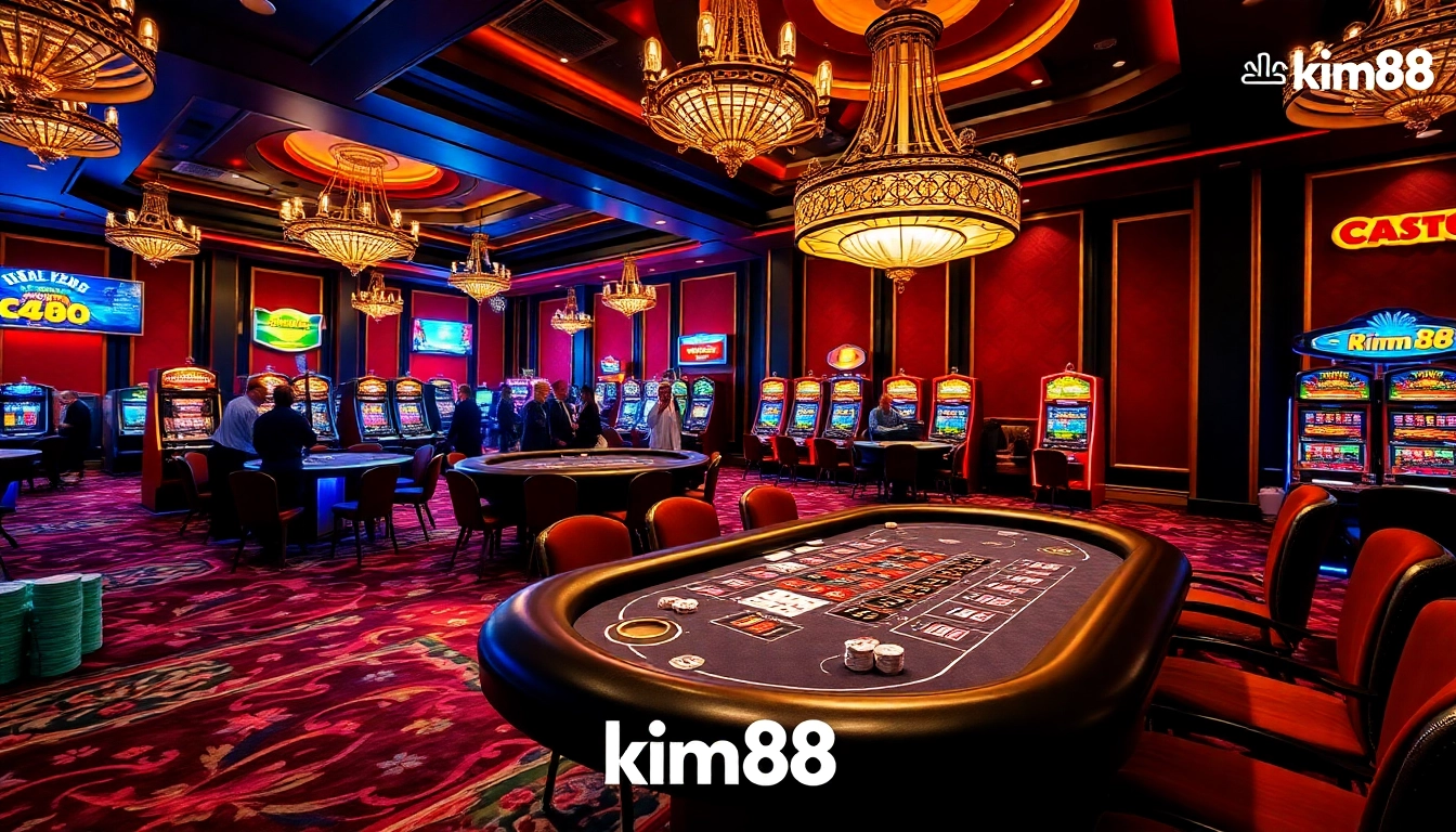 Players engaging in thrilling blackjack and slot games at kim88 casino with a luxurious atmosphere.