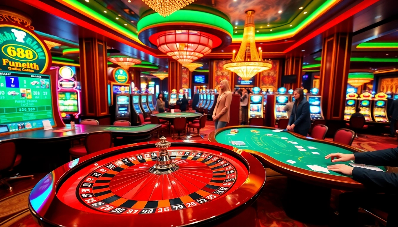 Exciting Fun88 casino atmosphere with roulette, poker tables, and lively online gaming.