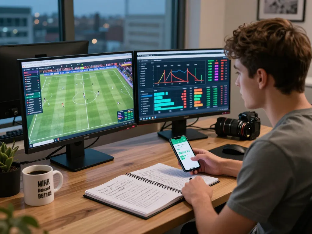 Engaged bettor analyzing live soccer scores on Nowgoal in a modern home office.
