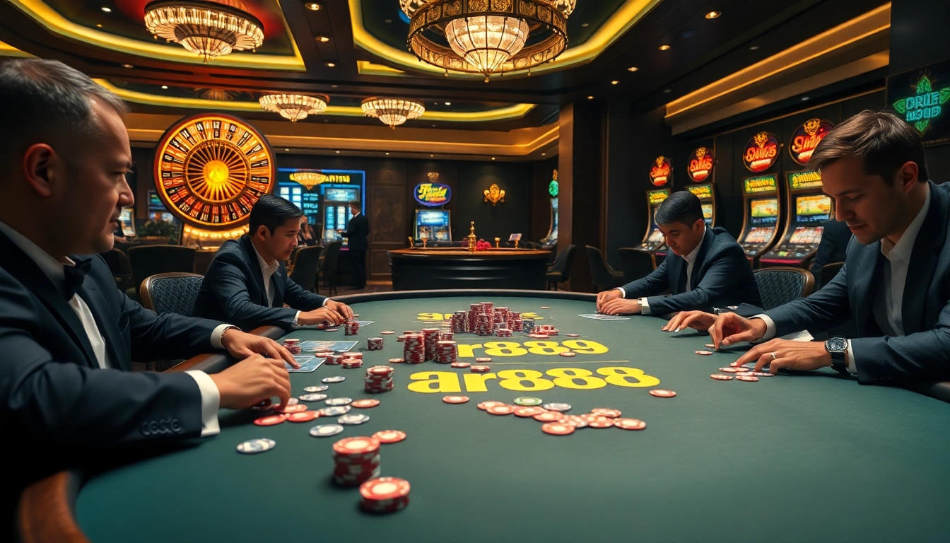 Players enjoy a high-stakes game at the RR888 casino table, showcasing excitement and strategy.