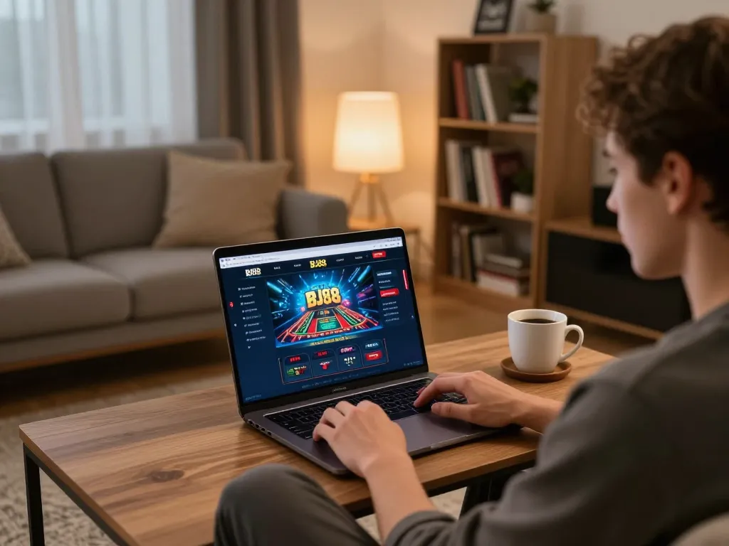 Engaging in online casino gameplay at home with BJ88 platform visible on screen