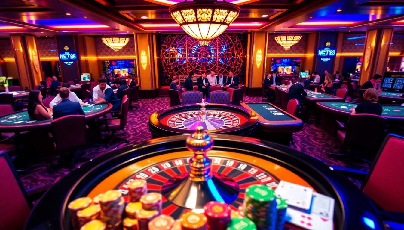 Experience the excitement of one net88 with a vibrant casino scene featuring roulette and poker.