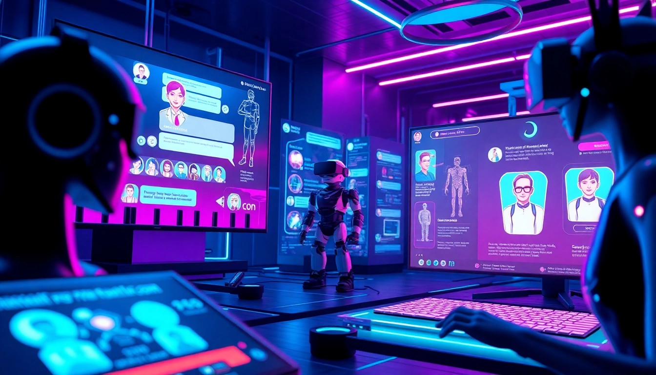 Explore futuristic NSFW AI platforms with interactive chatbots and customizable features in a vibrant digital landscape.