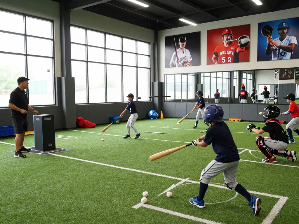 Hitclub young athletes training indoors, practicing baseball techniques with coach guiding them.