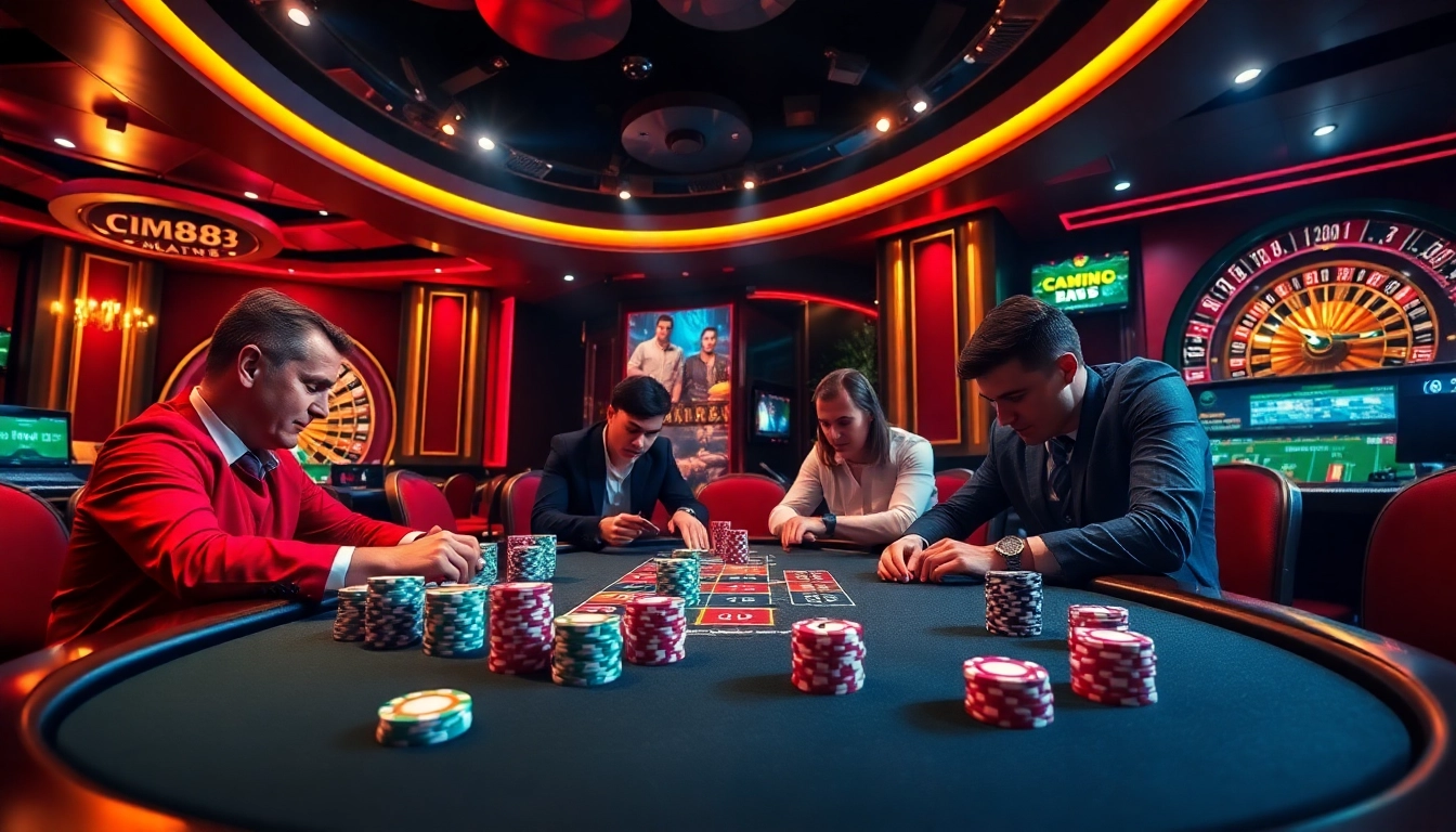 Engaged players strategizing at a cm88 poker table surrounded by chips and roulette wheel.