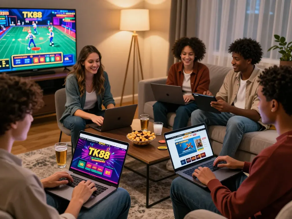 Group of friends gaming on TK88 platform in a cozy living room, highlighting excitement in online betting.