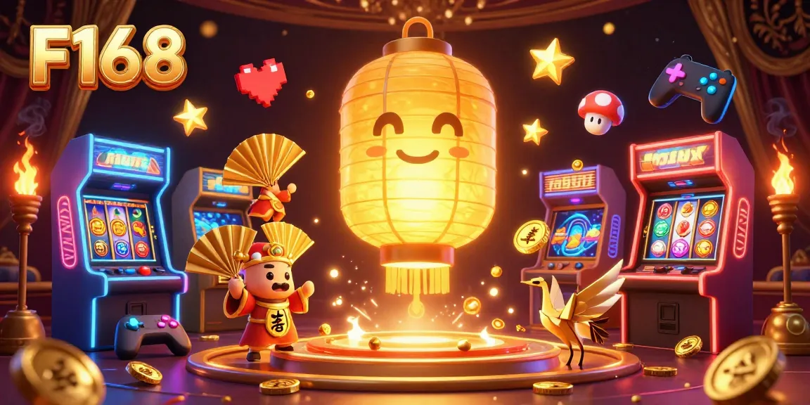Experience F168's exciting online casino with glowing golden lantern spirits, vibrant slot machines, and interactive game elements.