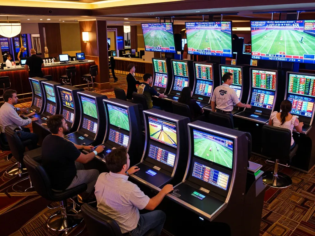 Engaged players placing bets in the ATQ ax88 sportsbook, vibrant atmosphere with live sports events
