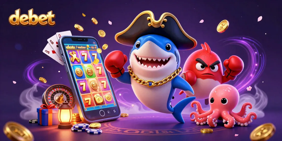 Engage with debet’s gaming thrill, featuring a pirate shark, pufferfish, and octopus in a vibrant casino scene.