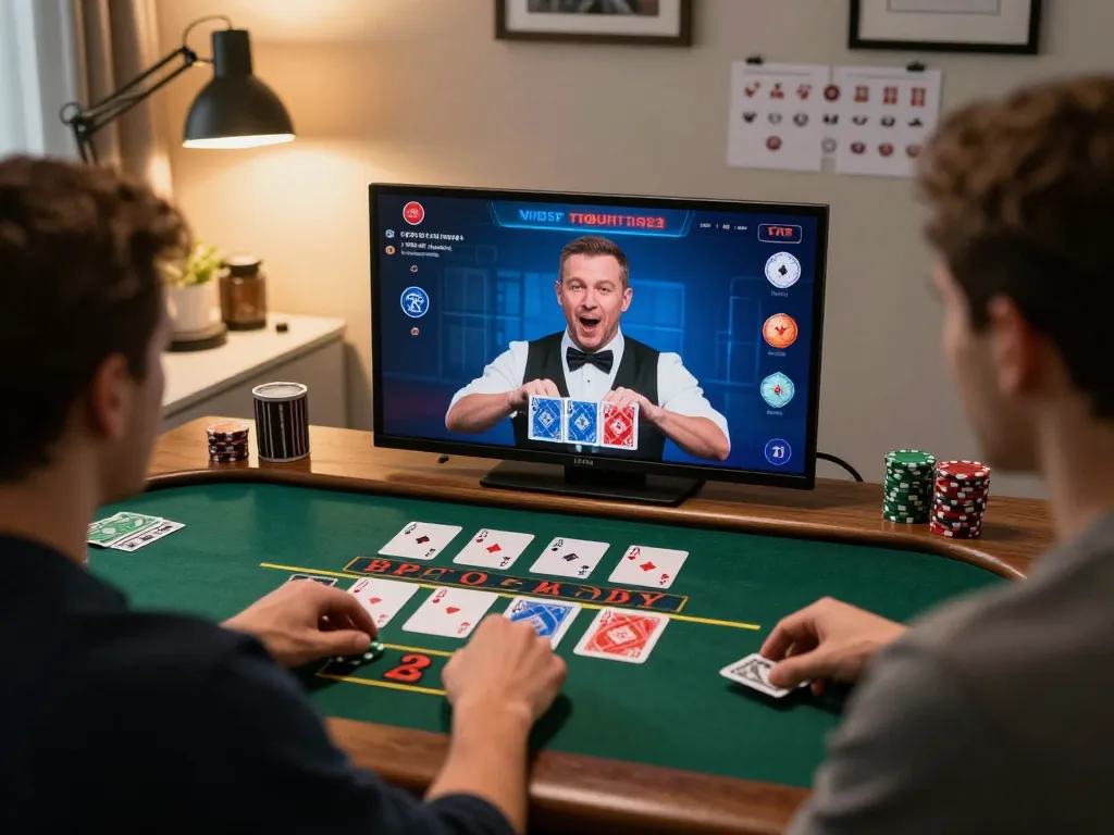 Iwin online casino player engaged in live dealer blackjack with a lively atmosphere.