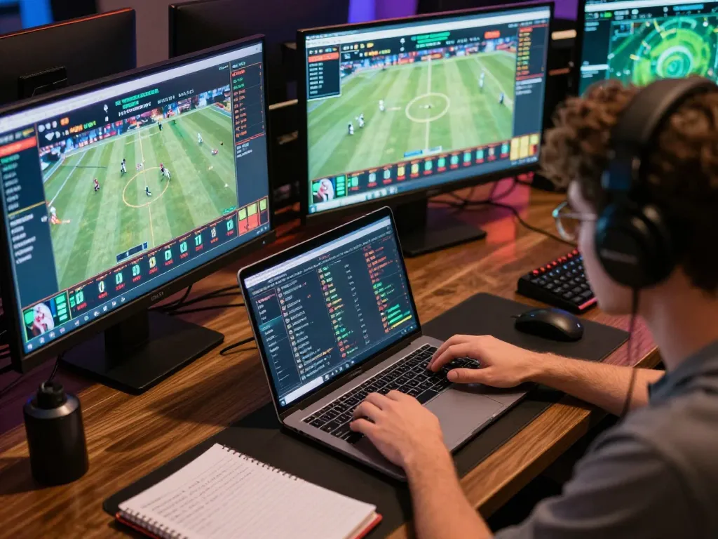 Person strategizing sports bets at keonhacaii88 with multiple screens displaying odds and matches