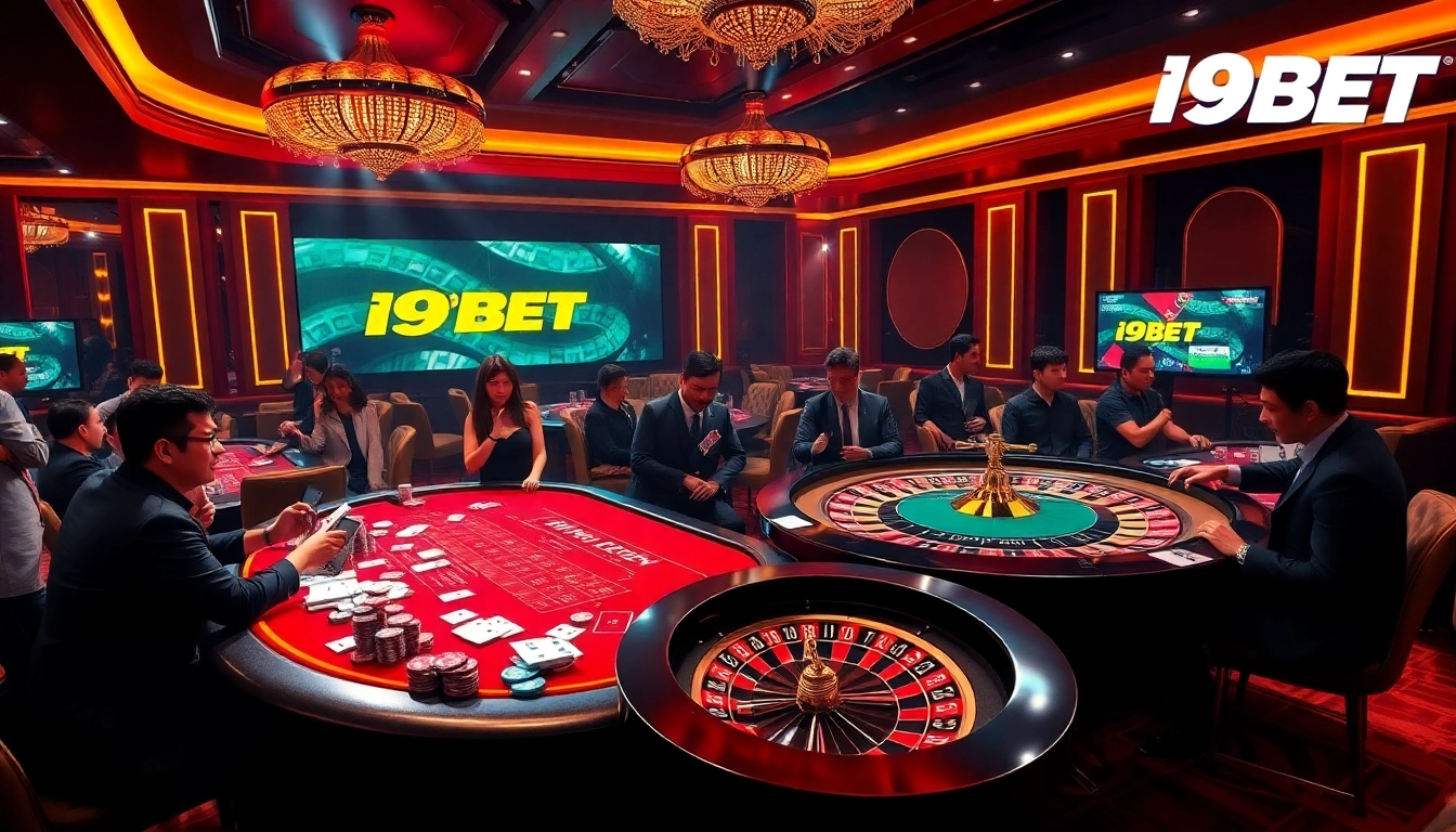 I9BET poker table scene with players, colorful chips, and a roulette wheel in vibrant casino atmosphere.