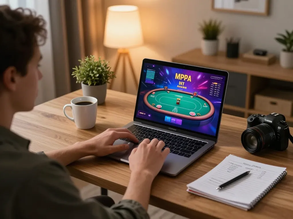 TR88 online gaming session with vibrant poker interface, stylish home office ambiance.