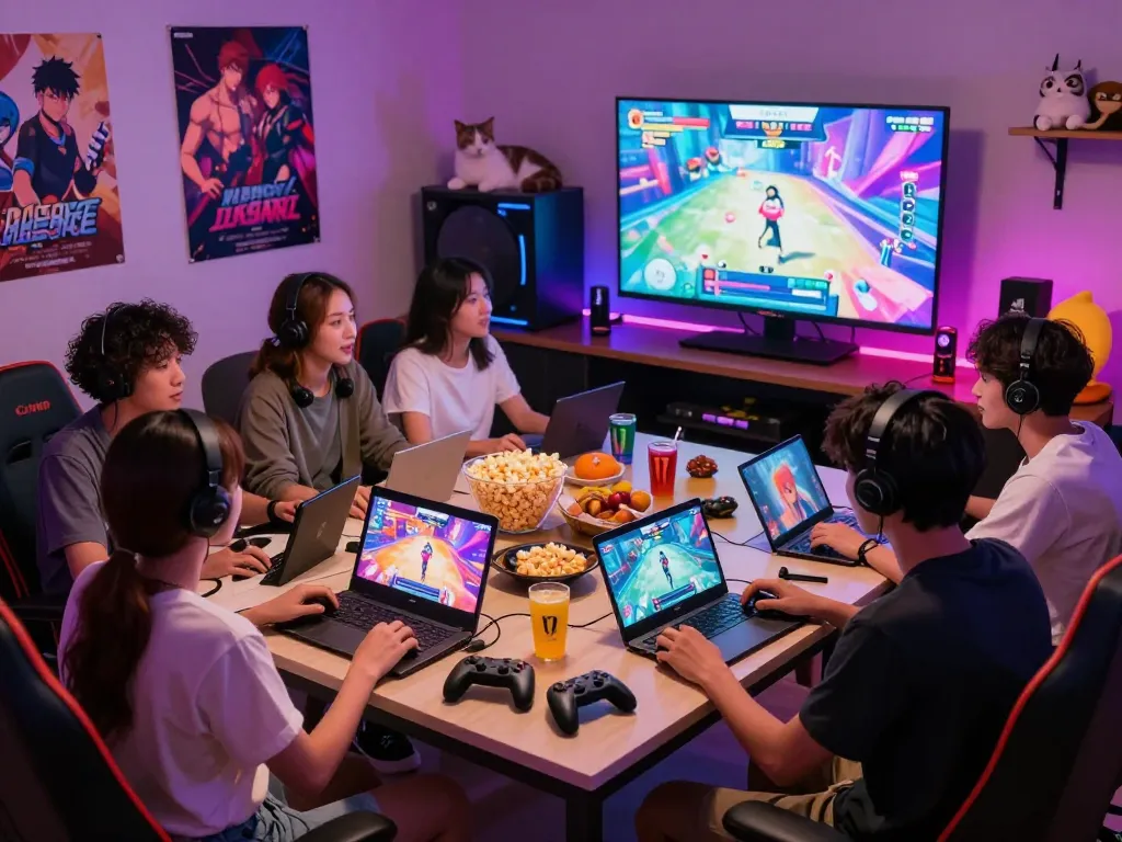 Friends enjoying engaging porn games in a vibrant gaming room atmosphere.
