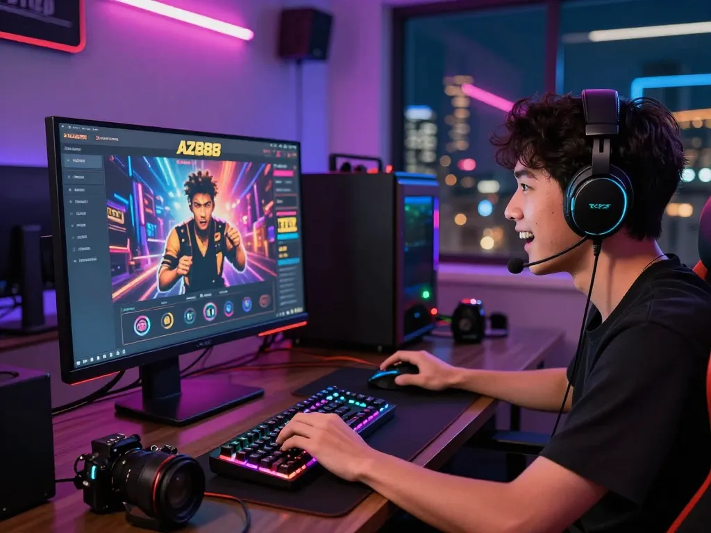 Player engaging with AZ888 gaming platform in a vibrant gaming setup.