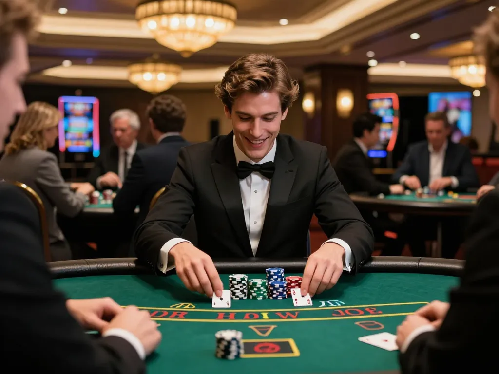 Engaged player at blackjack table showcasing lv88seo strategies in a luxurious casino environment.