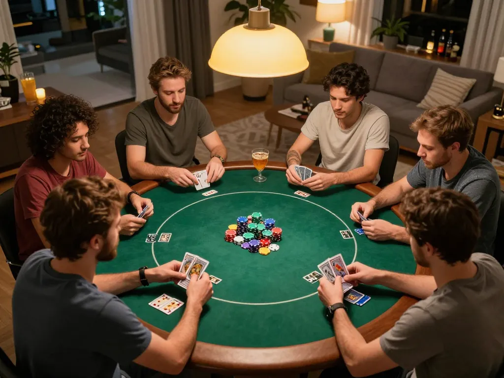 Players enjoying a lively poker night at home, with 58wiin chips prominently displayed for a touch of competitive spirit.