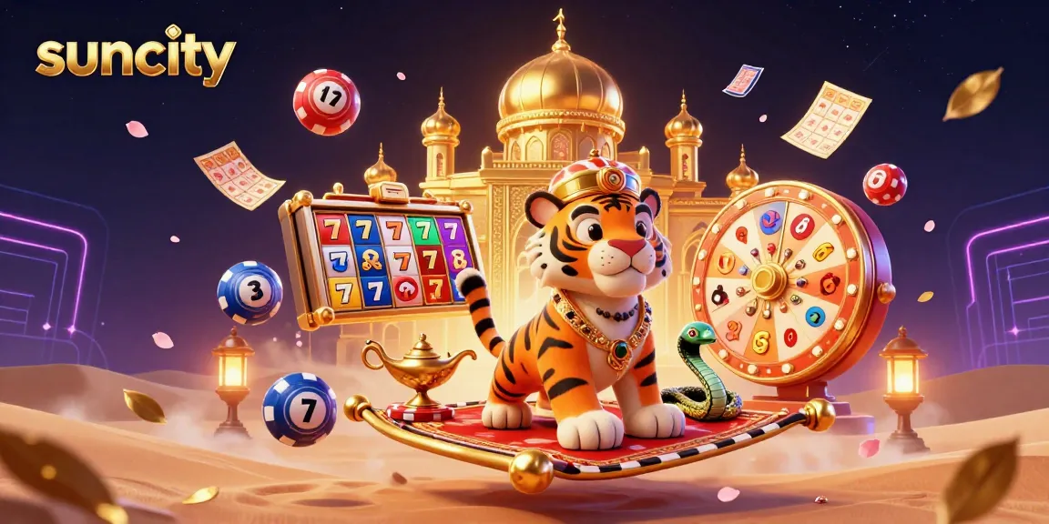 Suncity's vibrant slots scene featuring an Arabian tiger sultan, dynamic game elements, and festive colors.
