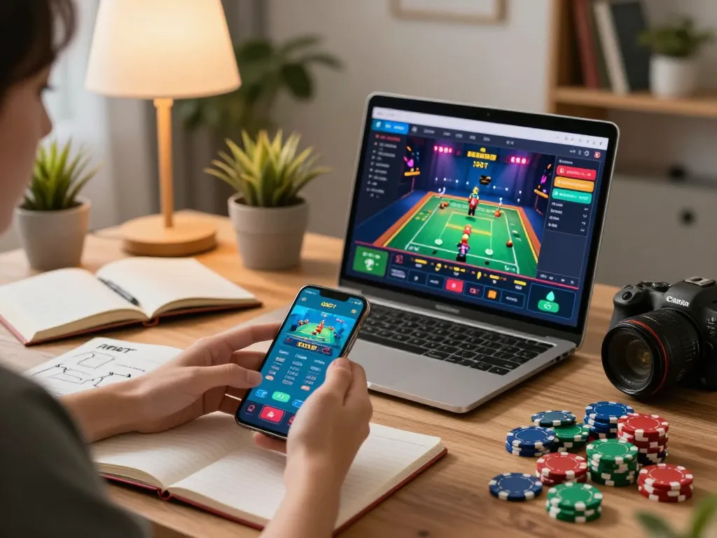 Player engaging with HBET app during online gaming session with strategies on table.