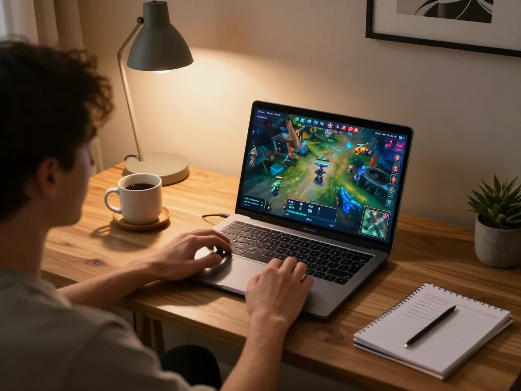 Player engaged in game bài đổi thưởng on sleek laptop at cozy home desk with vibrant graphics