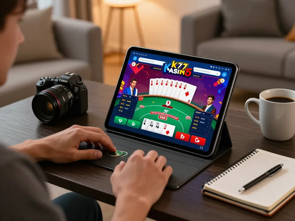 Engage with km777 casino app through immersive poker gameplay on a tablet, highlighting strategic home gaming.
