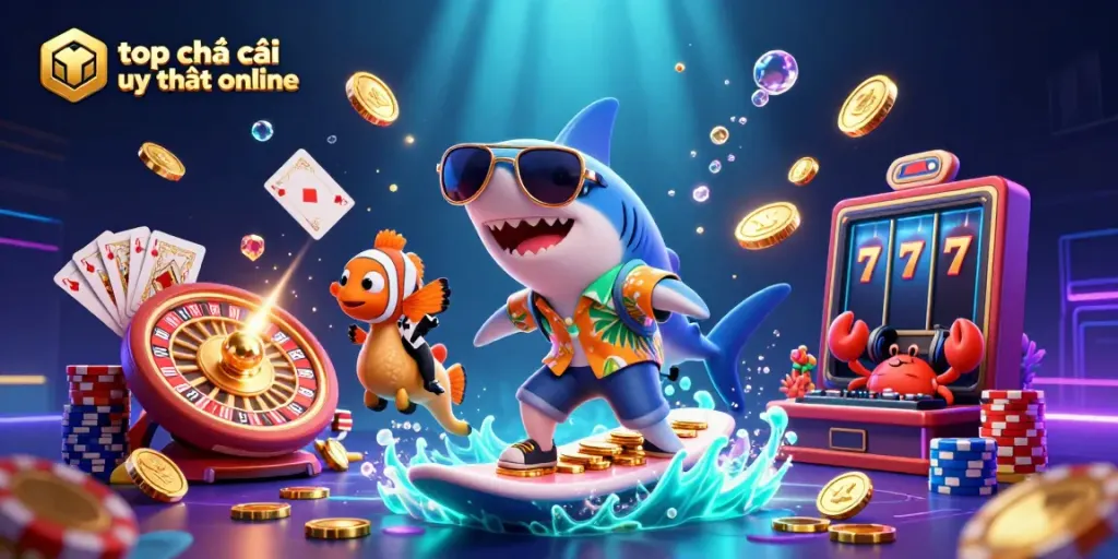 Surf dynamic waves of gold coins with top nhà cái uy tín online characters in this vibrant casino scene.