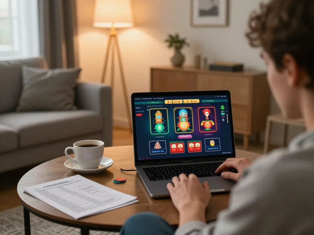 MM88 player enjoying online casino gaming session on laptop with strategic notes and coffee