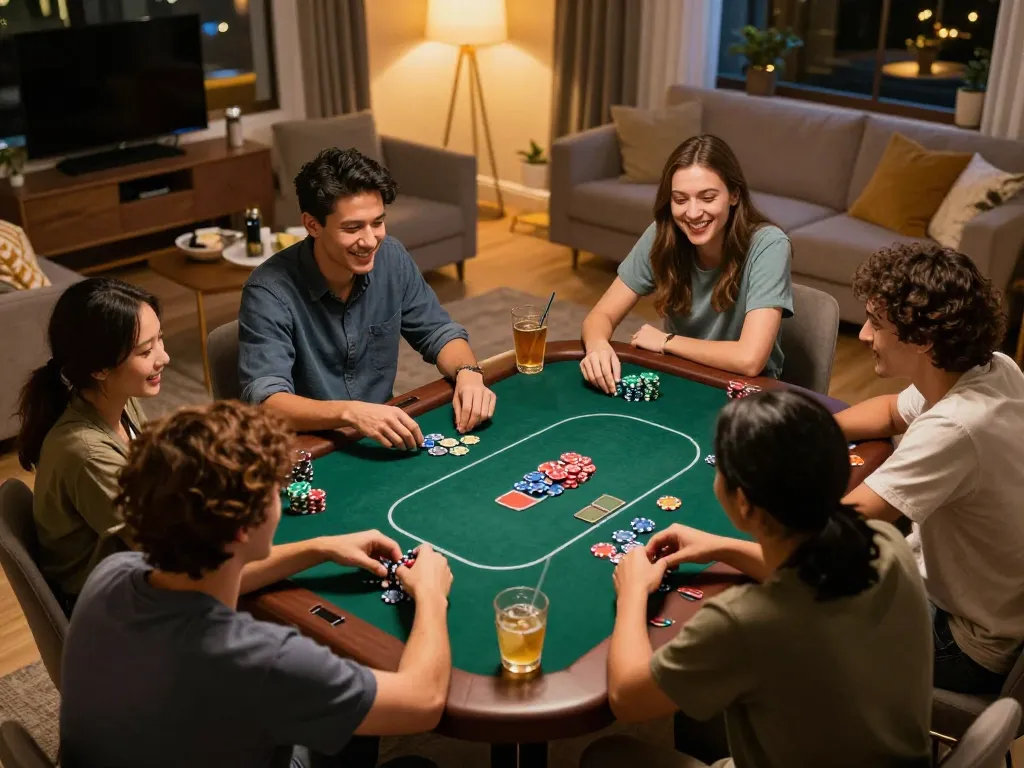 Friends enjoying a poker night at home, showcasing kkwin strategies and social gaming.