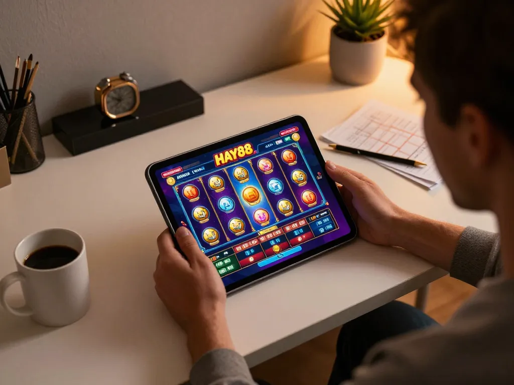 Enjoying HAY88 gaming session with vibrant slot interface at home, fostering responsible gambling.