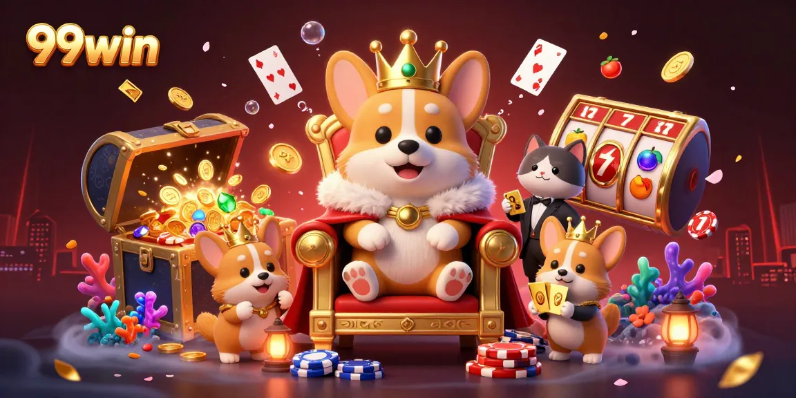 99win showcases a regal corgi on a poker chip throne amid vibrant gaming elements.