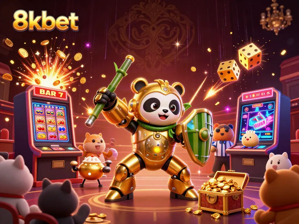 Experience thrilling action with 8xbet as a golden panda battles in a vibrant casino arena.