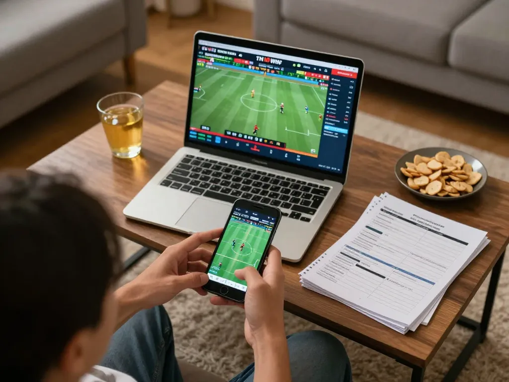 Engaging moment at Trang chủ SAY88, with a person betting on sports through a smartphone in a cozy living room