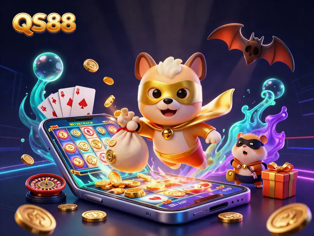 Experience thrilling gaming at QS88 with a superhero dog and hamster amidst a vibrant casino scene.