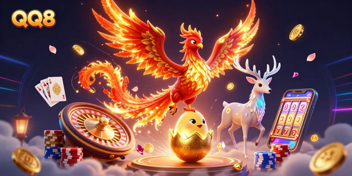 Experience thrilling wins at QQ8 with a dynamic scene featuring fiery symbols and rich gambling elements.